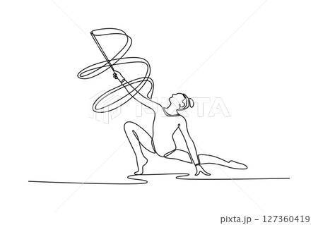 Single continuous line drawing young gymnast woman stretching and training rhythmic gymnastic with ribbon. Professional sport, healthy and active lifestyle. One line graphic design vector illustration Single continuous line drawing young gymnast woman stretching and training rhythmic gymnastic with ribbon. Professional sport, healthy and active lifestyle. One line graphic design vector illustration 127360419