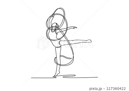 Single continuous line drawing young female rhythmic gymnast posing with ribbon. Beautiful and graceful sport. Motion, grace and flexibility. Dynamic one line draw graphic design vector illustration 127360422