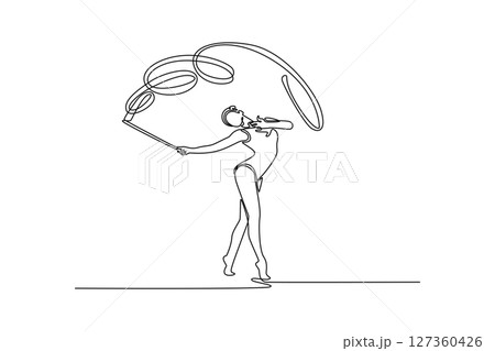 Single one line drawing young woman training rhythmic gymnastics with ribbon in gym. Female gymnast creativity and art with dancing routine and energy. Continuous line draw design vector illustration 127360426