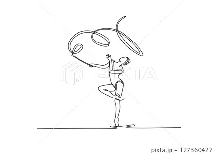 Single one line drawing young beautiful sportive girl, female rhythmic gymnast training with ribbon. Action, motion, sport, competition. Modern continuous line draw design graphic vector illustration 127360427