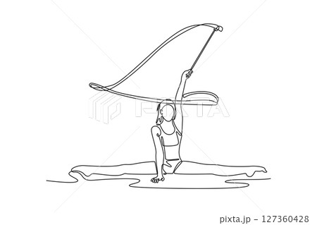Single one line drawing beautiful and flexible graceful athlete rhythmic gymnastic artist dancing, doing stretch exercises. Beauty, art, sport. Continuous line draw design graphic vector illustration 127360428
