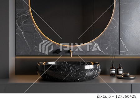 Black bathroom interior design, black marble washbasin sink in modern luxury washroom. generative ai 127360429