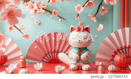 Cute and elegant cat geisha in 3D, simple backdrop with sakura cherry blossom in spring Cute and elegant cat geisha in 3D, simple backdrop with sakura cherry blossom in spring 127360733