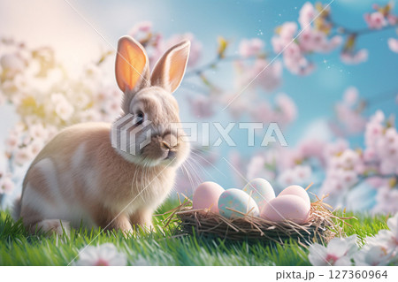 Easter bunny rabbit and Easter eggs in the nest on green grass field in spring. generative ai Easter bunny rabbit and Easter eggs in the nest on green grass field in spring. generative ai 127360964