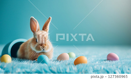 Easter bunny and Easter eggs with rabbit hole on blue background. generative ai 127360965
