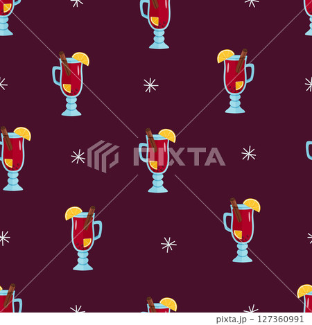 Seamless Pattern Mulled wine in a glass with orange slices, cinnamon cloves and anise. Christmas hot drink. Vector illustration cartoon style Seamless Pattern Mulled wine in a glass with orange slices, cinnamon cloves and anise. Christmas hot drink. Vector illustration cartoon style 127360991