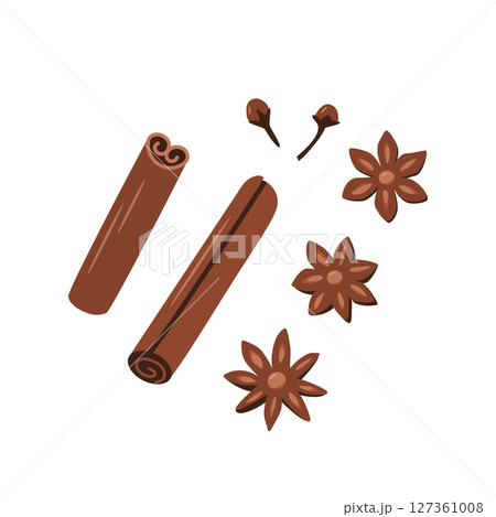 Cinnamon sticks anise and cloves, fragrant spices, vector illustration. Cinnamon sticks anise and cloves, fragrant spices, vector illustration. 127361008