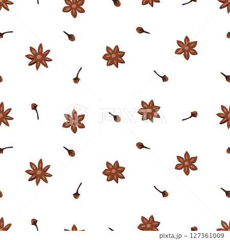 Seamless pattern stars anise and cloves, fragrant winter spices, vector illustration background. 127361009