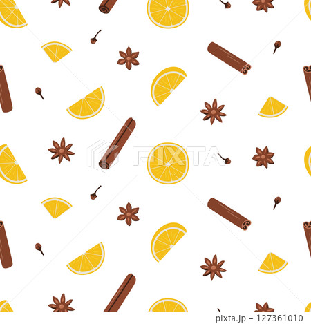 Seamless pattern of orange cinnamon anise and clove. Vector illustration of ingredients for mulled wine, winter spices background. 127361010
