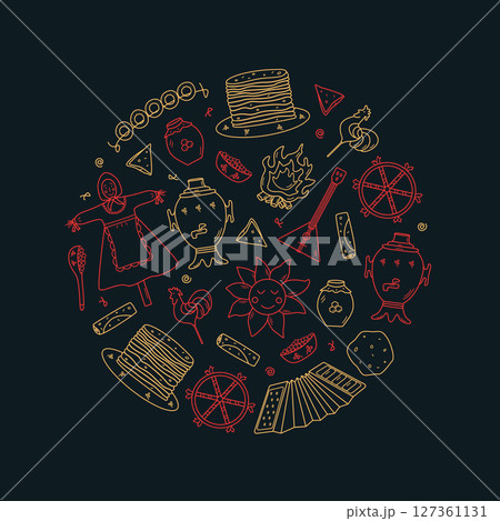 A set of doodle elements of pancake day. Vector illustration of icons of the traditional Russian holiday Maslenitsa. Sun, scarecrow, accordion balalaika, samovar, A set of doodle elements of pancake day. Vector illustration of icons of the traditional Russian holiday Maslenitsa. Sun, scarecrow, accordion balalaika, samovar, 127361131