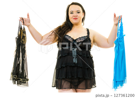 Plus size woman fitting satin nightwear Plus size woman fitting satin nightwear 127361200