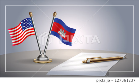Small national flag of United States (USA) and Cambodia flag Relation, Template Vector Illustration 127361237