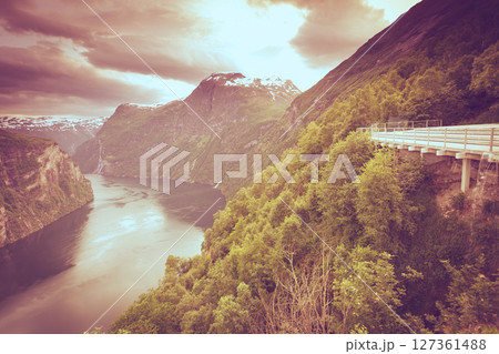 View on Geirangerfjord from Flydasjuvet viewpoint Norway View on Geirangerfjord from Flydasjuvet viewpoint Norway 127361488