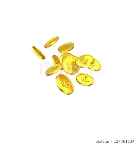 Golden coins with currency symbols are scattered in mid air, creating sense of wealth and abundance. shiny coins reflect light, emphasizing their metallic texture and value 127361534