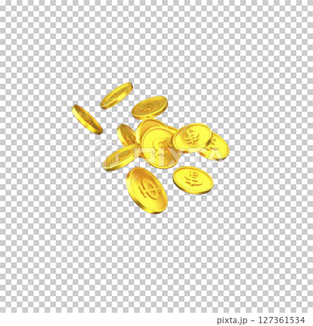 Golden coins with currency symbols are scattered in mid air, creating sense of wealth and abundance. shiny coins reflect light, emphasizing their metallic texture and value 127361534