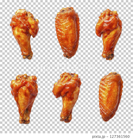 Six crispy chicken wings coated in glossy, spicy sauce are arranged in two rows against transparency background, showcasing their golden brown texture and mouthwatering appearance 127361560