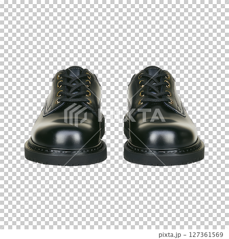 Shiny black leather shoes with laces and gold eyelets, reflecting light, are displayed against plain background. shoes have classic design, suitable for formal occasions 127361569