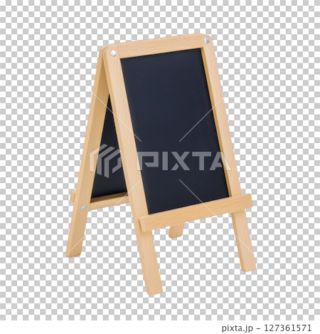 Wooden framed chalkboard easel stands upright, perfect for displaying messages or menus. Its simple design and black writing surface make it versatile for various settings 127361571