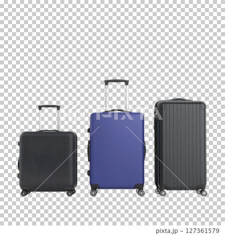 Three hard shell suitcases black and blue are displayed, each with four wheels and telescopic handles, ideal for travel. sleek design and durable material make them perfect for frequent travelers 127361579