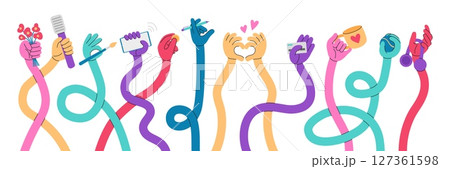 Flexible stretched hands. Long hand holding smartphone, flowers, pen, credit card. Different bright colors gestures, human curved arms, neoteric comic vector set 127361598