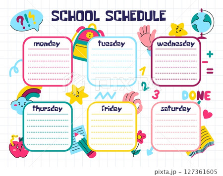 Kids school schedule. Daily planner for learning, stylish design with funny stickers. Page for notes and notifications. Neoteric vector modern template 127361605