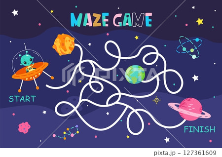 Alien maze game. Help ufo person in spaceship find right way to home planet. Preschool children educational development play, nowaday vector space location 127361609