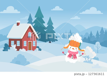 Snowman winter landscape. Seasonal forest in snow, holiday christmas yard. Cozy house, fir tree, snowy bushes. Countryside nowaday vector background 127361611