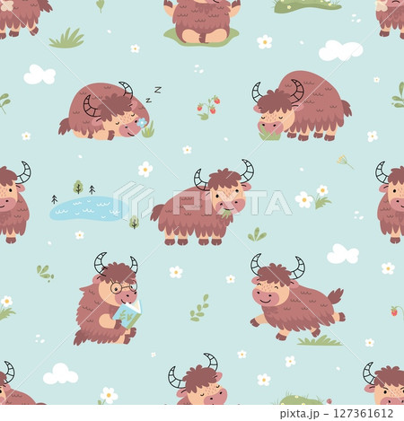 Yak seamless pattern. Funny cartoon yaks in different activities. Cute animal characters print for fabric, web app design. Nowaday vector background Yak seamless pattern. Funny cartoon yaks in different activities. Cute animal characters print for fabric, web app design. Nowaday vector background 127361612