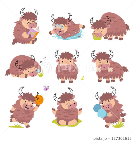 Cartoon yak. Funny yaks in different activity, reading sleeping swimming, doing sport. Cute furry animals, children mascots nowaday vector clipart 127361613