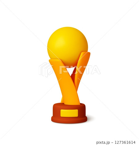 Sport competition 3d golden trophy. Winner gold cup modern design with ball or sphere. Award, prize on stand with plate. Realistic style vector icon 127361614