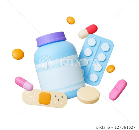 Medical 3d scene with patch, pills, capsules and plastic medicine jar. Isolated render elements, health, hospital, pharmacy, healthcare vector illustration 127361627