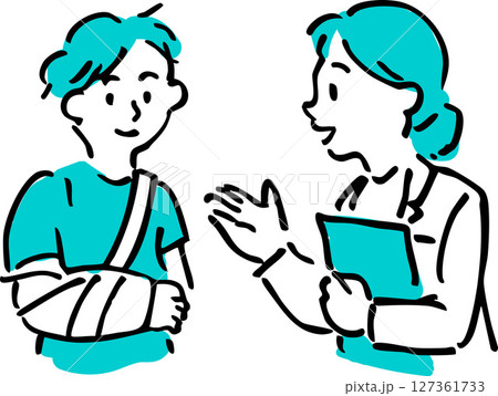 骨折後の診察を受ける少年と医師のイラスト 127361733