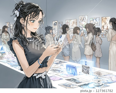 NFTアート展を鑑賞する若者たちのイラスト素材 127361782