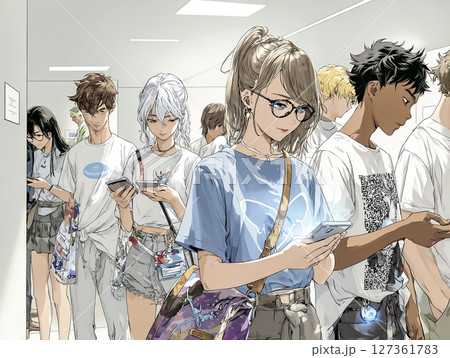 NFTアート展を鑑賞する若者たちのイラスト素材 127361783
