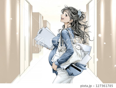 働く妊婦の女性のイラスト素材　笑顔で振り向く 127361785