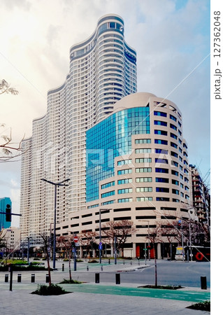 A group of high-rise multi-story buildings of modern architecture of  trefoil shape in Tel Aviv Israel 127362048
