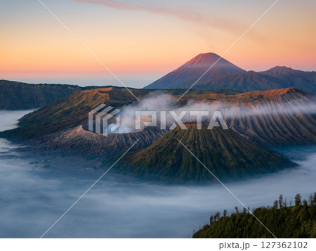 Aerial drone view of Bromo active volcano at sunrise,Tengger Semeru national park, East Java, Indonesia 127362102