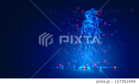 A Renaissance woman with flowing hair stands tall in the style of modern computer technology. Abstract figure of a woman consisting of glowing lights. Digital Art wallpaper with beautiful Venus. A Renaissance woman with flowing hair stands tall in the style of modern computer technology. Abstract figure of a woman consisting of glowing lights. Digital Art wallpaper with beautiful Venus. 127362440