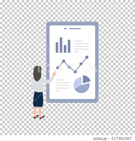 Business vector illustration material of a woman operating and analyzing a graph report displayed on a terminal (flat 127362567