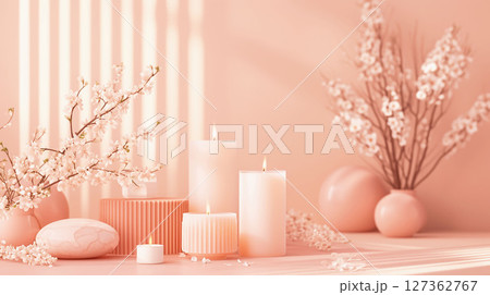 Romantic candles with spring flowers, pastel colors 127362767