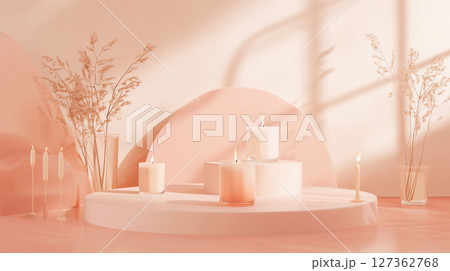 Cozy candles in glass jars with plants, pastel peach coral colors 127362768