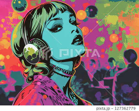 Girl in headphones. Vintage poster of retro party, disco music lover 127362779
