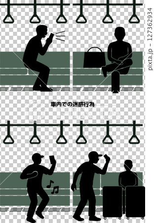 車内での迷惑行為4選　シルエットセット 127362934
