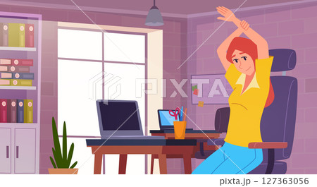 Office yoga. stretching female characters making sport exercises in office workplace Office yoga. stretching female characters making sport exercises in office workplace 127363056