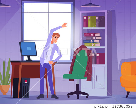 Office stretching. businessman making simple yoga sport exercises in workplace Office stretching. businessman making simple yoga sport exercises in workplace 127363058