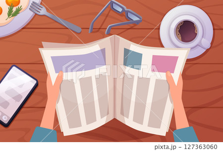 Newspaper in hands. man holding daily newspaper reading and eating breakfast. vector top view illustration Newspaper in hands. man holding daily newspaper reading and eating breakfast. vector top view illustration 127363060