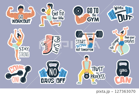 Motivational phrases. Collection of sport fitness stickers recent vector lettering set 127363070