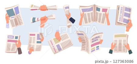 Daily newspaper. Hands holding pages of newspaper or business magazines exact vector collection set in cartoon style 127363086