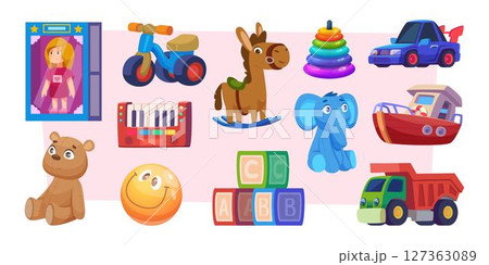 Toys. Colored collection of funny toys for kids playground exact vector kindergarten set 127363089