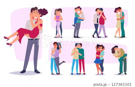 Kissing characters. Lovers couples hugs and kissing each others male and female relationship persons exact vector template illustrations Kissing characters. Lovers couples hugs and kissing each others male and female relationship persons exact vector template illustrations 127363101